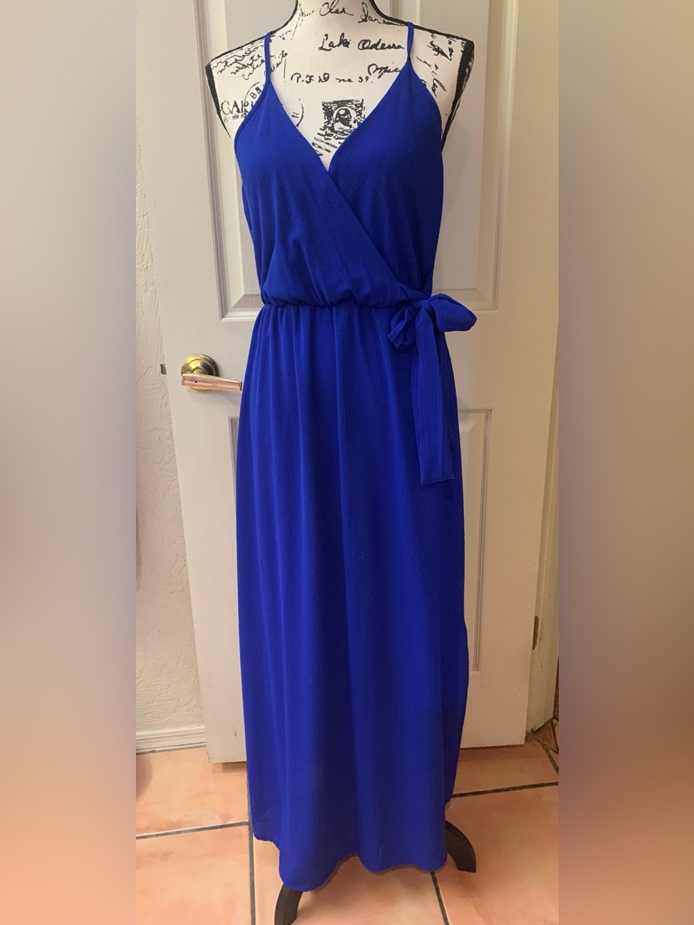 Scobe Cobalt Blue Faux Wrap-Style Maxi Dress with Side Tie